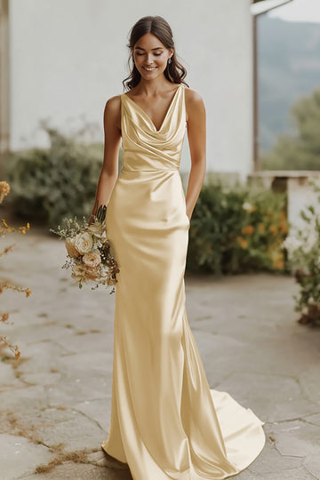 Daffodil V-Neck Sheath Satin Bridesmaid Dress